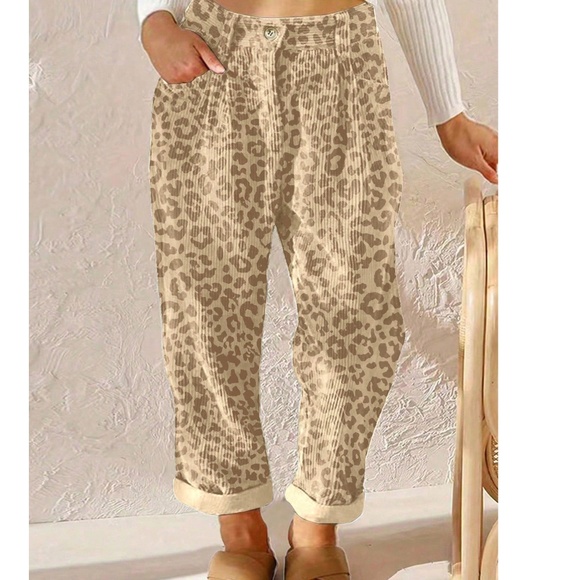 Classic Leopard print Stretchy Waist Corduroy Straight Leg Pants - Picture 1 of 4